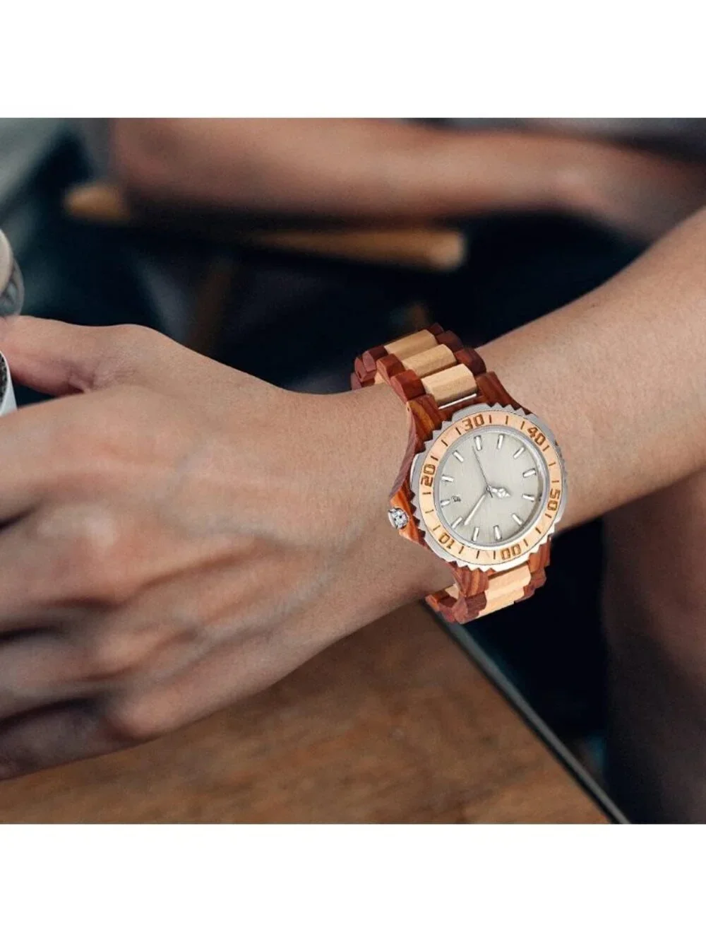 Mens Brown White Classic Handmade Skeletonized Bamboo Analog Quartz Wooden Watch